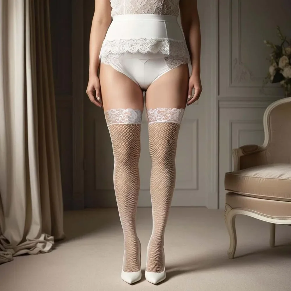Plus Back Seam Fishnet Thigh Highs Womens Queen White Lace Top Stay Up Hosiery